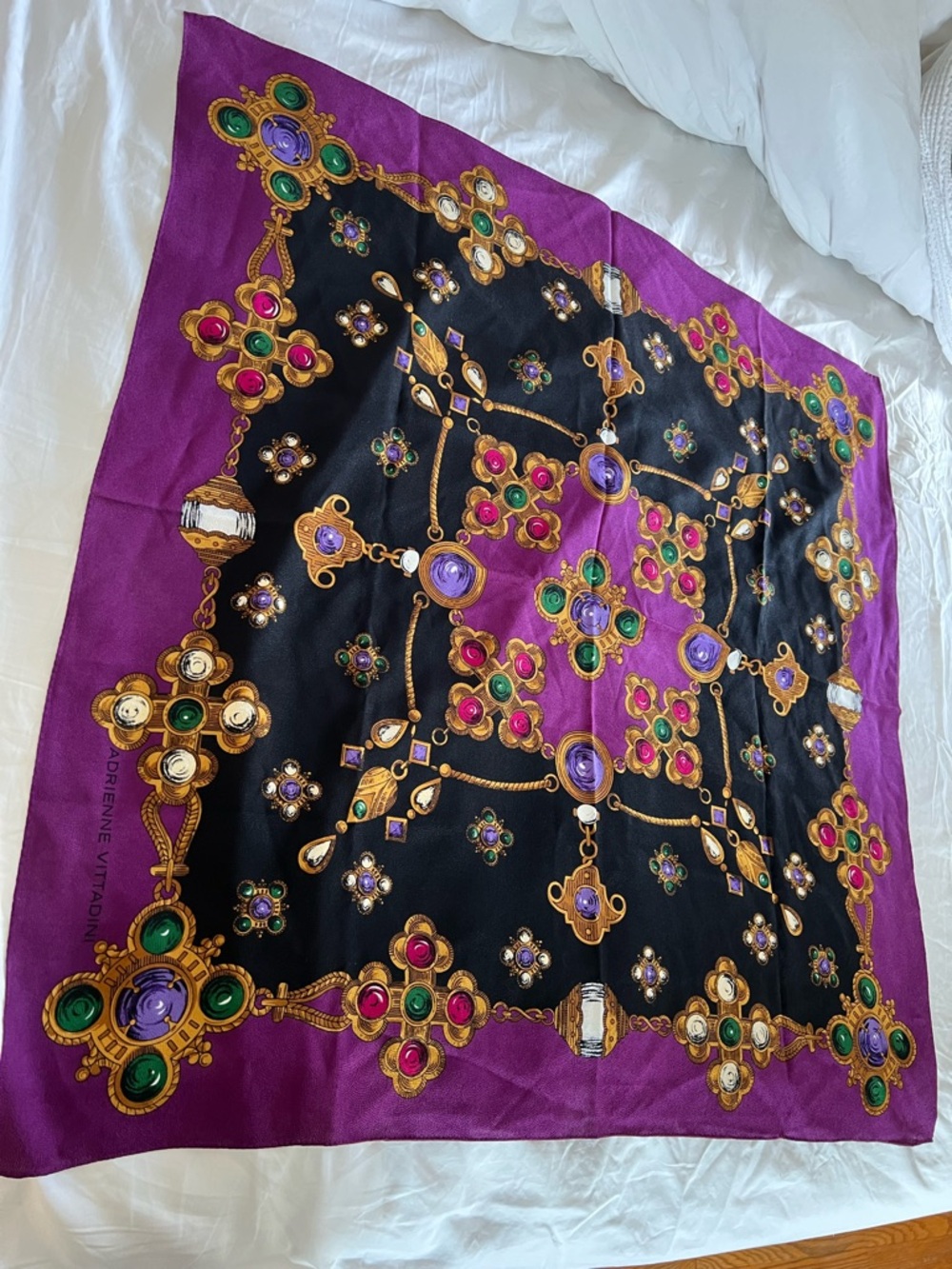 Adrienne Vittadini Square Scarf Jewelry Chain Print Purple Gold Vintage Style - Picture 3 of 6